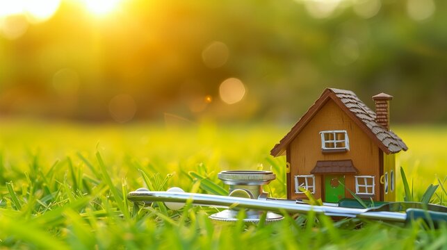 Stethoscope and miniature wood home symbolize healthcare practices at home, representing both medical care and a nurturing environment for well-being.