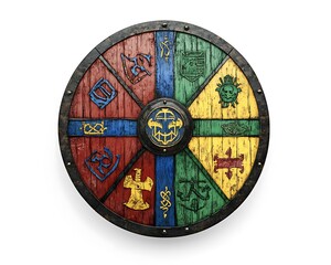 Colorful medieval round shield with unique symbols, isolated against a pristine white background, in full ultra HD.