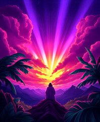 Celestial biblical scene with Noah spiritual journey. Prophetic light breaking through clouds