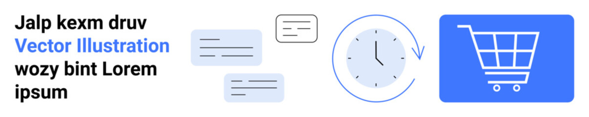 Chat messages, clock, and shopping cart representing online shopping, communication, and time management. Ideal for e-commerce, business, efficiency, deadlines customer service modern apps simple