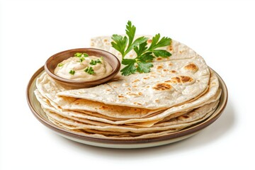 Flatbread and Creamy Dip Delightful Presentation Aromatic Fresh Parsley Close Up Culinary Harmony Gastronomic Art Light Background Restaurant Ambience