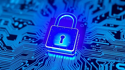 Digital padlock hologram hovering over a circuit board background, symbolizing data protection and cybersecurity. Neon blue and metallic tones.