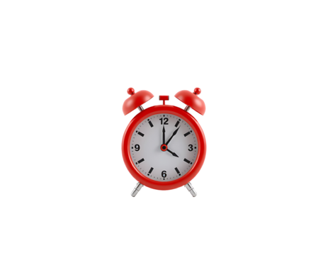 Red alarm clock on a transparent background showing the time, close up.