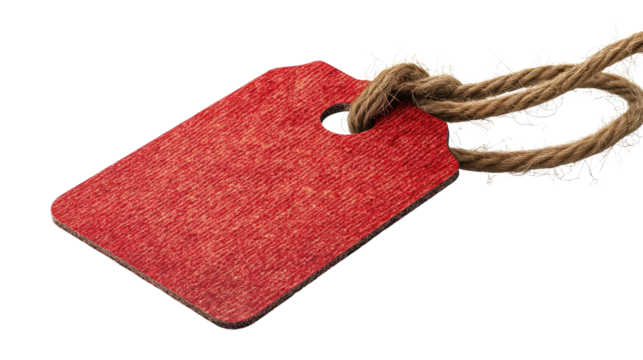 A blank red price tag with a natural brown string hangs isolated, ready for a retail sale message