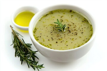Delicious creamy soup with rosemary in white bowl on plain white background healthy cuisine