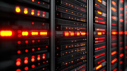 Obraz premium High-tech server room with glowing lights and cables