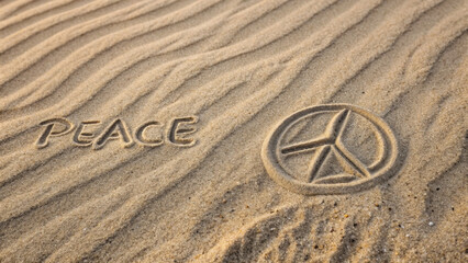 Sand art featuring word peace and symbol representing harmony reflects hope for united Ukraine