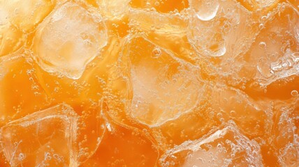 Amber Liquid with Ice Cubes Close Up