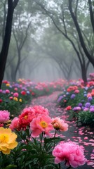 Naklejka premium Colorful peonies blooming in a misty tree lined path
