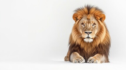 Obraz premium Majestic lion posing gracefully studio setting wildlife photography neutral background close-up animal portrait