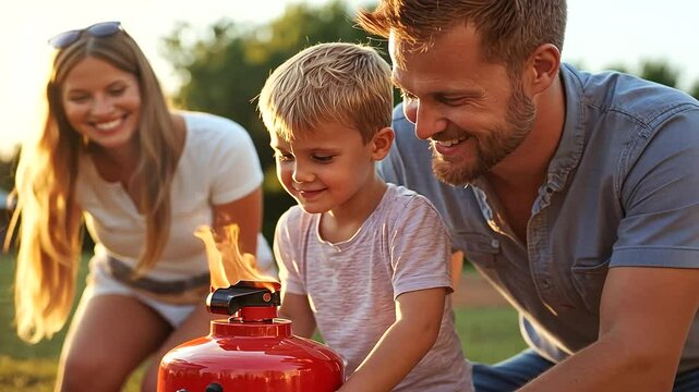 Family practicing fire safety with a fire extinguisher