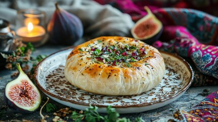Delicious Cheese Cake with Fig and Pomegranate Seeds A Festive Culinary Still Life Concept