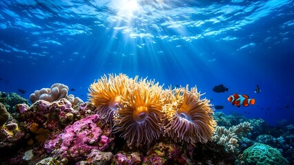 A vibrant underwater scene featuring colorful corals, sea anemones, and clownfish with sunlight filtering through the water. Concept Underwater Photography, Vibrant Coral Reefs, Clownfish Habitat