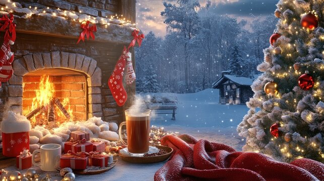 Cozy Christmas Eve by the Fireplace: A Winter Wonderland Scene