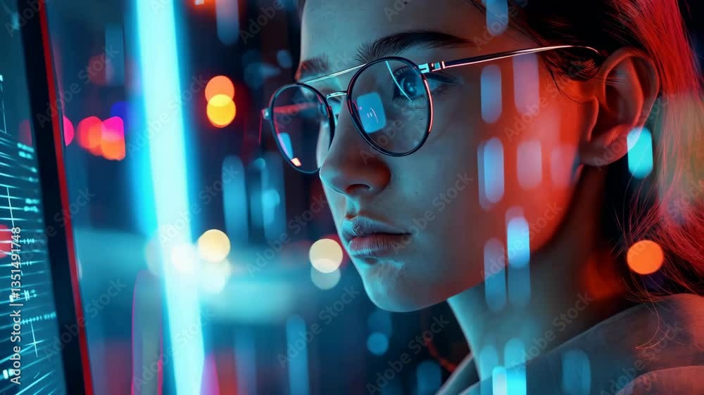 Poster A dedicated young programmer examines complex digital data on a large screen, amid vibrant neon lights, representing the exciting fusion of cuttingedge technology and advanced AI
