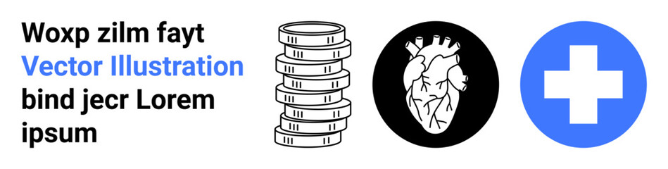 Stack of coins, anatomical heart silhouette, and blue medical cross. Ideal for finance, budgeting, healthcare, heart health, medical services, wellness and a simple landing page