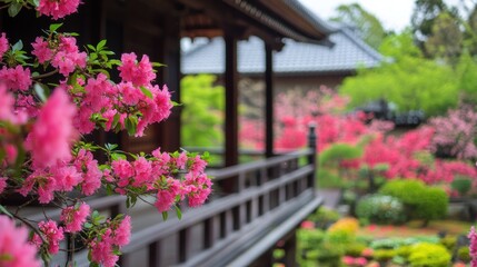 Vibrant flowers bloom near traditional Japanese garden