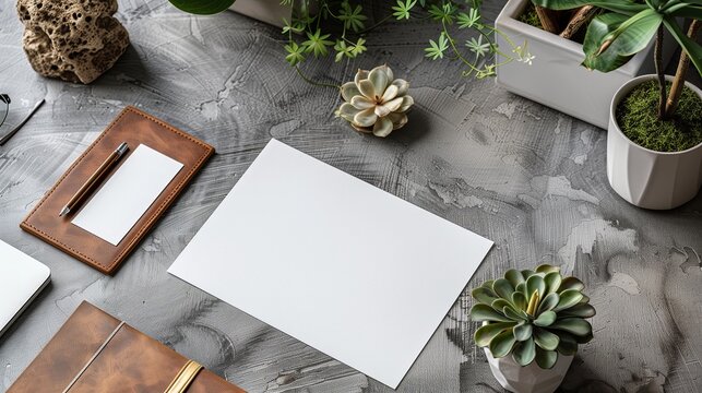 blank DLE A4 and business card lying flat on business table top view