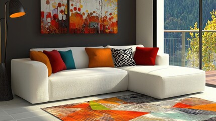 Stylish living room interior featuring a comfortable sofa colorful pillows modern artwork and scenic balcony view