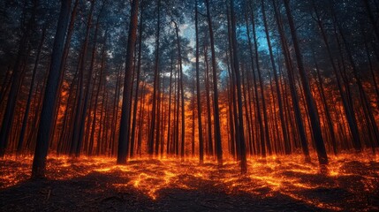 Obraz premium Blazing Forest Inferno A Night of Fiery Destruction.