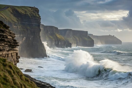 Dramatic coastal cliffs battling fierce ocean waves under a brooding sky, showcasing Ireland's wild beauty.