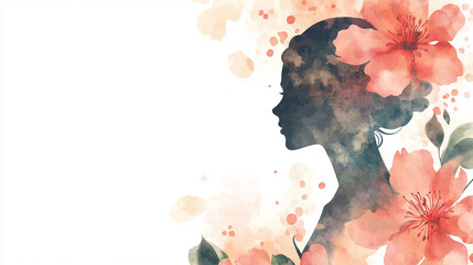 A watercolor-style beauty postcard featuring a feminine silhouette and blooming flowers.