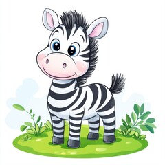 Cute Cartoon Zebra Character with Big Eyes and Playful Pose Surrounded by Green Plants