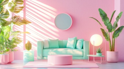 Charming pink interior with natural light casting shadows on a mint sofa and lush houseplants creating a cheerful ambiance