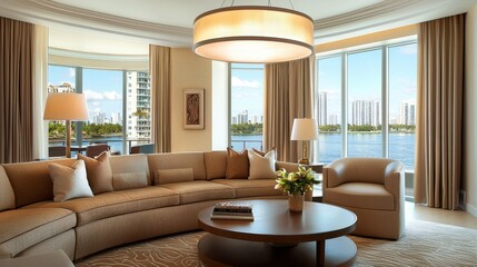 Fototapeta premium Cozy modern living room, sand colored walls, warm brown sofa, oval coffee table, hanging pendant lights, soft curtains, standard window, river view