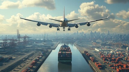 A cargo plane flying over a port, with ships and trucks below and a city skyline in the background.