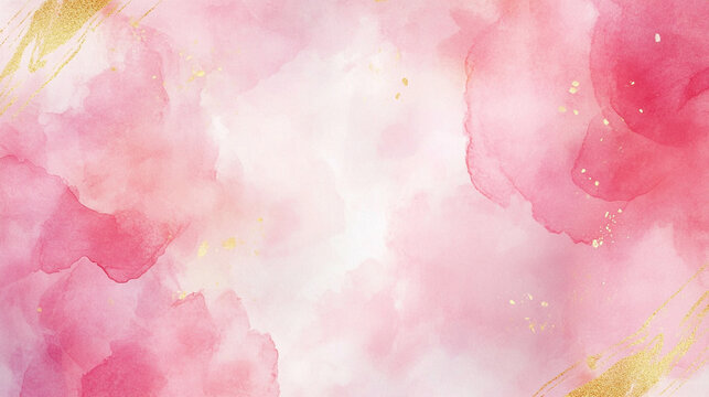 A romantic beauty postcard with soft pink watercolor splashes and a golden border.