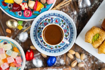 Turkish Coffee in the Colorful Ramadan Eid Candy and Chocolate, Traditional Ottoman Cuisine Desserts Photo, Üsküdar Istanbul, Turkiye (Turkey)