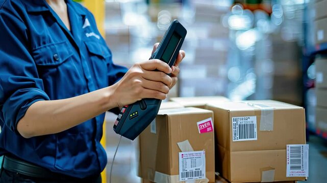 Worker uses a handheld scanner to track and manage packages in a busy warehouse environment while ensuring accurate inventory records