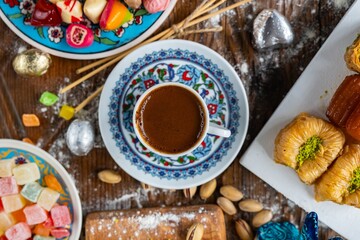 Turkish Coffee in the Colorful Ramadan Eid Candy and Chocolate, Traditional Ottoman Cuisine Desserts Photo, Üsküdar Istanbul, Turkiye (Turkey)