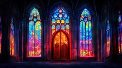 A large stained glass window with a red door