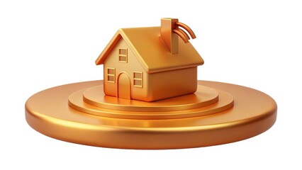 Smart Home Golden house model on a circular base, symbolizing real estate or home investment concepts.