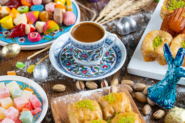 Turkish Coffee in the Colorful Ramadan Eid Candy and Chocolate, Traditional Ottoman Cuisine Desserts Photo, Üsküdar Istanbul, Turkiye (Turkey)