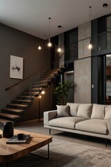 Fototapeta premium Modern living room with stairs and loft