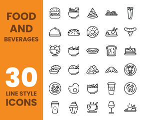 Food and beverages icon set with outline style