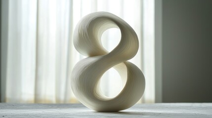 Abstract 3D sculpted number 8 on table near window