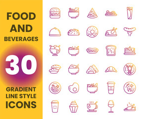 Food and beverages icon set with gradient outline style