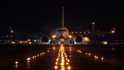 Obraz premium Airplane descends toward the runway at night, illuminated by runway lights and surrounded by airport infrastructure and glowing city lights