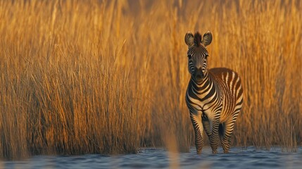 Fototapeta premium Zebra Standing Gracefully in Tall Grass During Golden Hour in an African Wildlife Landscape
