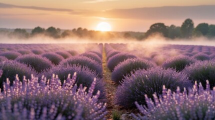 Fototapeta premium Stunning Lavender Fields Sunrise Mist Scenic Landscape