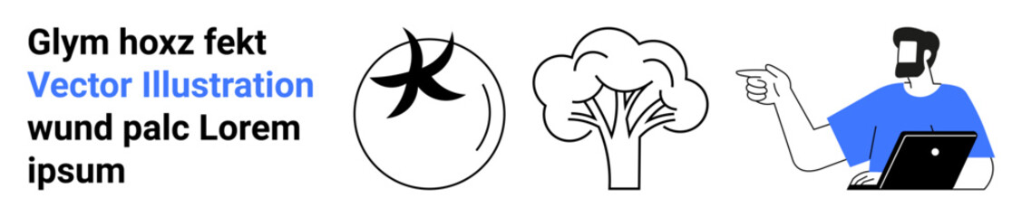 Abstract tree, circular shape, and man with a laptop gesture interaction. Ideal for technology, communication, sustainability, minimalism, design education and creativity. Flat landing page banner