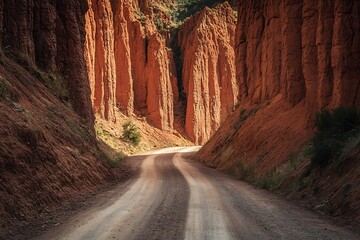 A remote dirt road with towering red rock formations creating dramatic shadows.