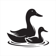 Duck and Duckling Silhouette: Waterfowl Icon for Nature, Wildlife, and Family Symbolism