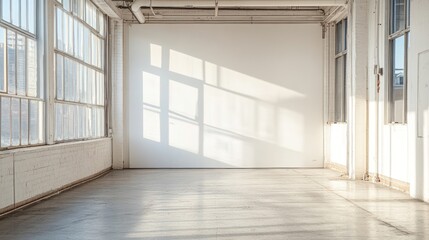 Bright, empty studio space with large windows casting shadows on the floor