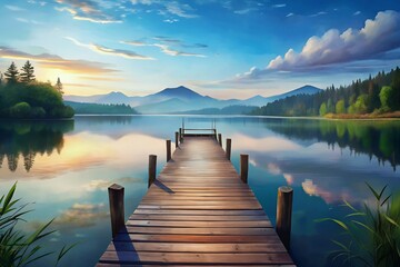Fototapeta premium Serene sunrise over a tranquil lake reflected in still waters, a wooden dock extending to peaceful mountains in soft pastel hues.