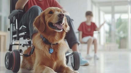 Golden Retriever Service Dog with Wheelchair User and Child